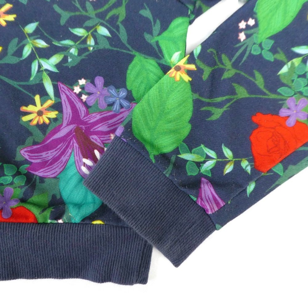 Adidas Sweatshirt Hood Floral Crop Trefoil Navy Ribbed Knit Cuffs Waistband XS - Picture 5 of 9